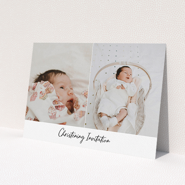 A christening invitation design called 'Side By Side Photo'. It is an A5 invite in a landscape orientation. It is a photographic christening invitation with room for 2 photos. 'Side By Side Photo' is available as a flat invite, with mainly white colouring.
