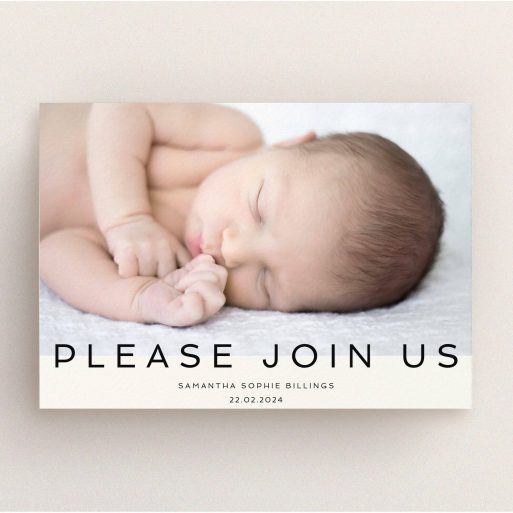 Christening Invitation Design - "Simple Invite Announcement" A christening invitation design called "Simple Invite Announcement". It is an A5 invite in a landscape orientation. It is a photographic christening invitation with room for 1 photo. "Simple Invite Announcement" is available as a flat invite, with mainly cream colouring.