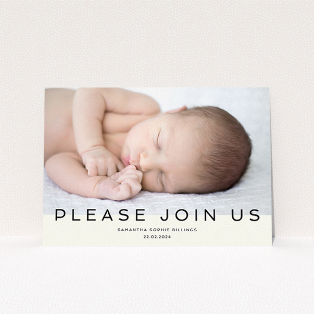 A christening invitation design called "Simple Invite Announcement". It is an A5 invite in a landscape orientation. It is a photographic christening invitation with room for 1 photo. "Simple Invite Announcement" is available as a flat invite, with mainly cream colouring.