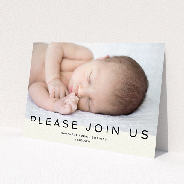 A christening invitation design called 'Simple Invite Announcement'. It is an A5 invite in a landscape orientation. It is a photographic christening invitation with room for 1 photo. 'Simple Invite Announcement' is available as a flat invite, with mainly cream colouring.