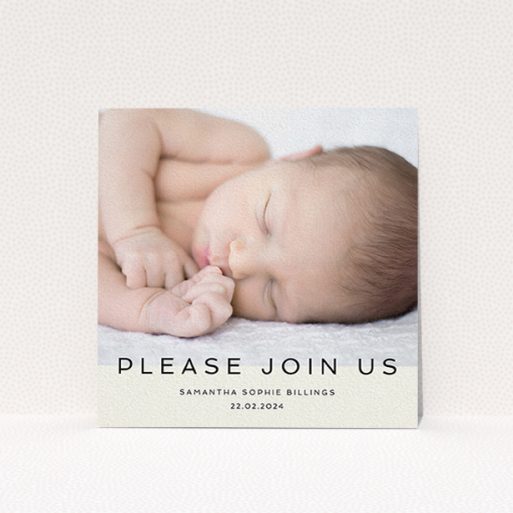 A christening invitation design called "Simple Invite Announcement". It is a square (148mm x 148mm) invite in a square orientation. It is a photographic christening invitation with room for 1 photo. "Simple Invite Announcement" is available as a flat invite, with mainly cream colouring.