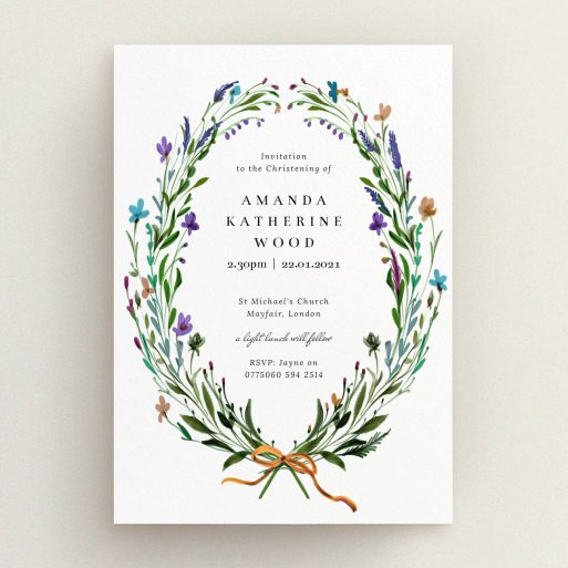Christening Invitation Design - "Spring Wreath" A christening invitation design titled "Spring Wreath". It is an A5 invite in a portrait orientation. "Spring Wreath" is available as a flat invite, with tones of green and purple.