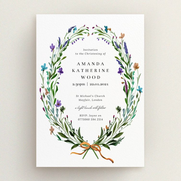A christening invitation design titled "Spring Wreath". It is an A5 invite in a portrait orientation. "Spring Wreath" is available as a flat invite, with tones of green and purple.