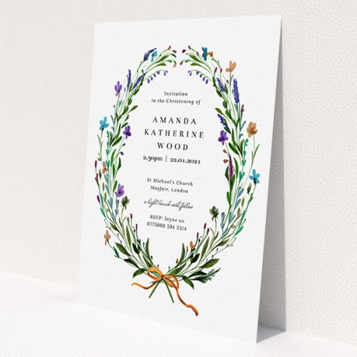 A christening invitation design titled 'Spring Wreath'. It is an A5 invite in a portrait orientation. 'Spring Wreath' is available as a flat invite, with tones of green and purple.
