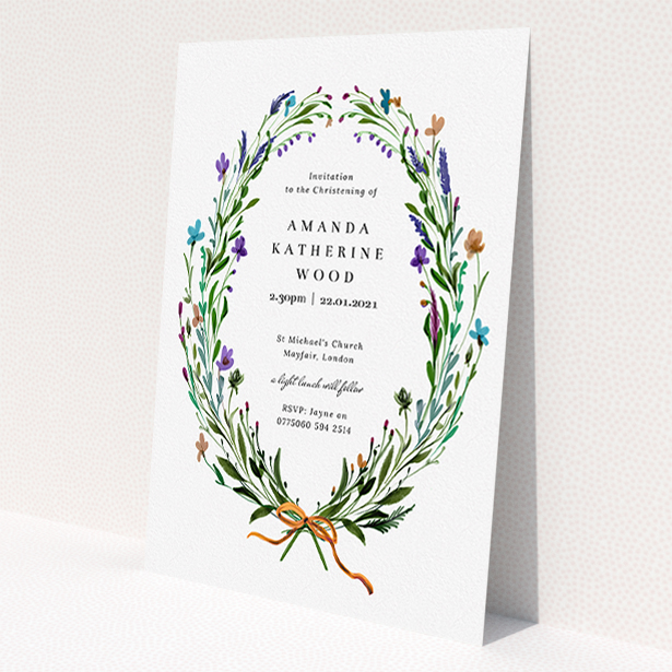 A christening invitation design titled "Spring Wreath". It is an A5 invite in a portrait orientation. "Spring Wreath" is available as a flat invite, with tones of green and purple.
