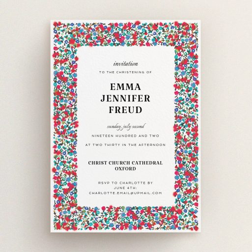 Christening Invitation Design - "Summer from a distance" A christening invitation template titled "Summer from a distance". It is an A5 invite in a portrait orientation. "Summer from a distance" is available as a flat invite, with tones of white and red.