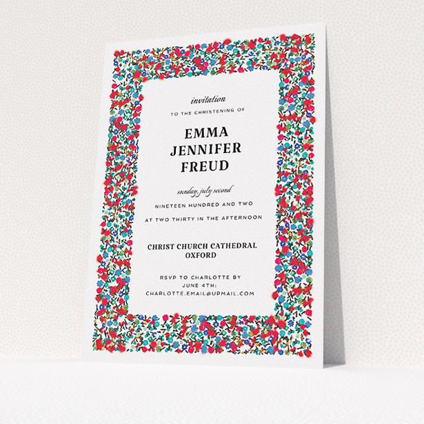 A christening invitation template titled "Summer from a distance". It is an A5 invite in a portrait orientation. "Summer from a distance" is available as a flat invite, with tones of white and red.