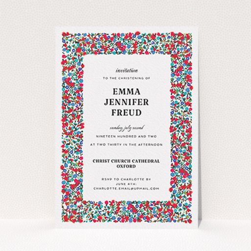 A christening invitation template titled "Summer from a distance". It is an A6 invite in a portrait orientation. "Summer from a distance" is available as a flat invite, with tones of white and red.
