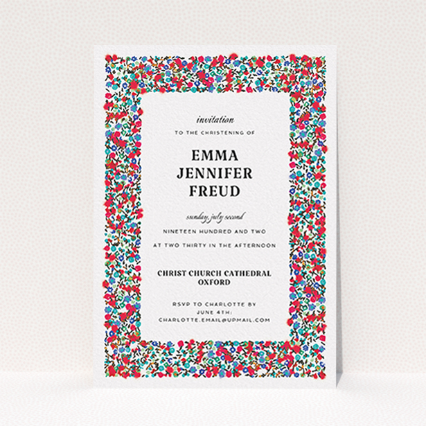 A christening invitation template titled "Summer from a distance". It is an A6 invite in a portrait orientation. "Summer from a distance" is available as a flat invite, with tones of white and red.