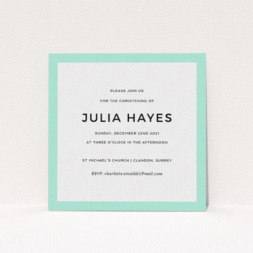 A christening invitation design titled "Thick Mint". It is a square (148mm x 148mm) invite in a square orientation. "Thick Mint" is available as a flat invite, with tones of green and white.