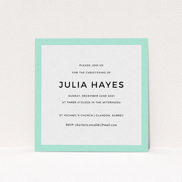 A christening invitation design titled "Thick Mint". It is a square (148mm x 148mm) invite in a square orientation. "Thick Mint" is available as a flat invite, with tones of green and white.