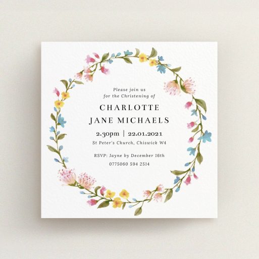 Christening Invitation Design - "Thin Spring" A christening invitation called "Thin Spring". It is a square (148mm x 148mm) invite in a square orientation. "Thin Spring" is available as a flat invite, with mainly pink colouring.