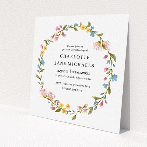 A christening invitation called 'Thin Spring'. It is a square (148mm x 148mm) invite in a square orientation. 'Thin Spring' is available as a flat invite, with mainly pink colouring.