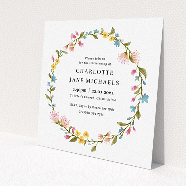A christening invitation called 'Thin Spring'. It is a square (148mm x 148mm) invite in a square orientation. 'Thin Spring' is available as a flat invite, with mainly pink colouring.