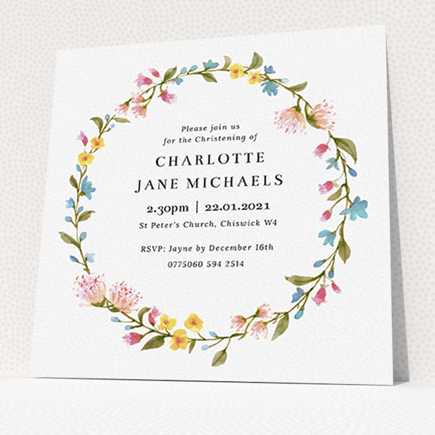 A christening invitation called "Thin Spring". It is a square (148mm x 148mm) invite in a square orientation. "Thin Spring" is available as a flat invite, with mainly pink colouring.