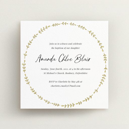 Christening Invitation Design - "Thin Yellow Wreath" A christening invitation design named "Thin Yellow Wreath". It is a square (148mm x 148mm) invite in a square orientation. "Thin Yellow Wreath" is available as a flat invite, with tones of white and yellow.