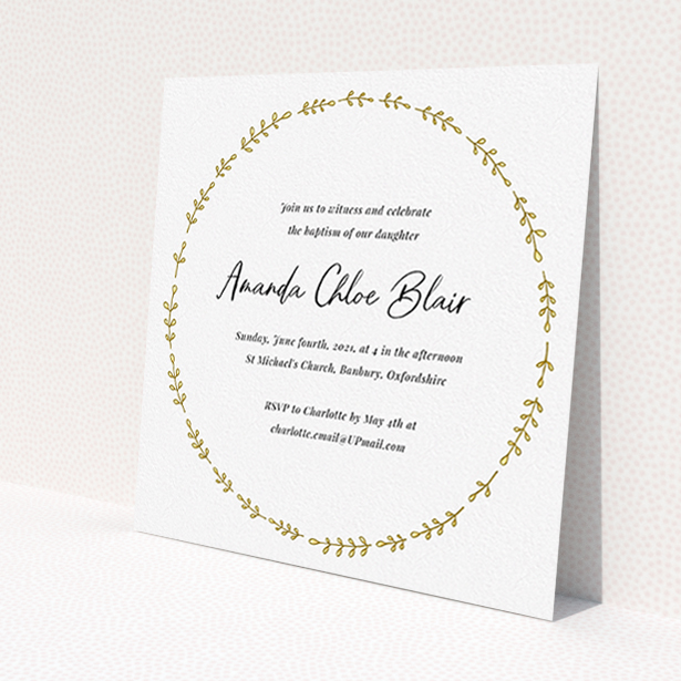 A christening invitation design named 'Thin Yellow Wreath'. It is a square (148mm x 148mm) invite in a square orientation. 'Thin Yellow Wreath' is available as a flat invite, with tones of white and yellow.