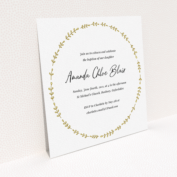 A christening invitation design named "Thin Yellow Wreath". It is a square (148mm x 148mm) invite in a square orientation. "Thin Yellow Wreath" is available as a flat invite, with tones of white and yellow.