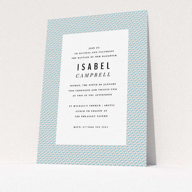 A christening invitation called "Tiny, tiny Sea Lions". It is an A5 invite in a portrait orientation. "Tiny, tiny Sea Lions" is available as a flat invite, with tones of blue and green.