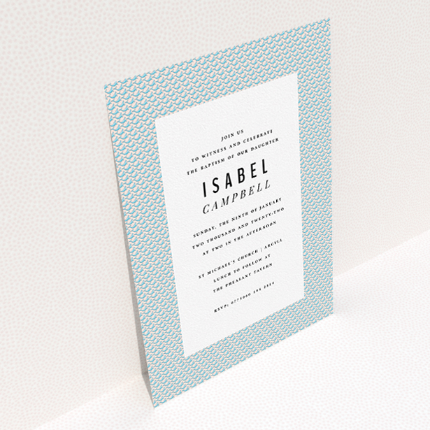 A christening invitation called "Tiny, tiny Sea Lions". It is an A5 invite in a portrait orientation. "Tiny, tiny Sea Lions" is available as a flat invite, with tones of blue and green.