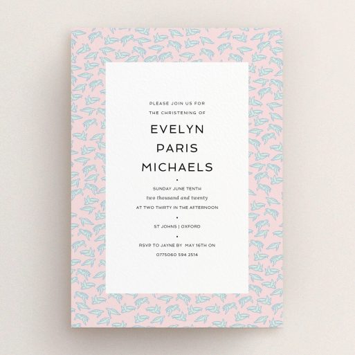 Christening Invitation Design - "Tiny, tiny Turtles" A christening invitation design named "Tiny, tiny Turtles". It is an A5 invite in a portrait orientation. "Tiny, tiny Turtles" is available as a flat invite, with tones of blue and pink.