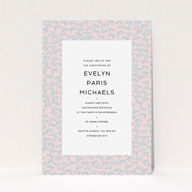 A christening invitation design named "Tiny, tiny Turtles". It is an A5 invite in a portrait orientation. "Tiny, tiny Turtles" is available as a flat invite, with tones of blue and pink.