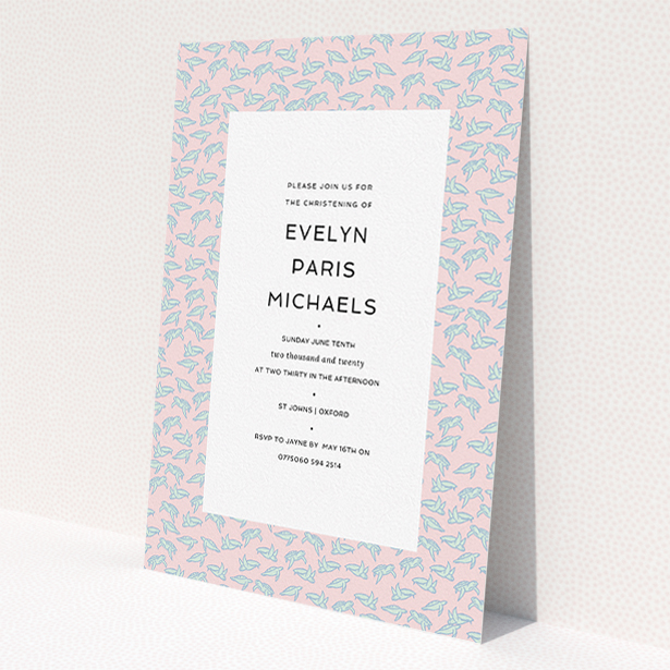 A christening invitation design named 'Tiny, tiny Turtles'. It is an A5 invite in a portrait orientation. 'Tiny, tiny Turtles' is available as a flat invite, with tones of blue and pink.