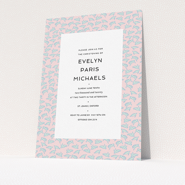 A christening invitation design named "Tiny, tiny Turtles". It is an A5 invite in a portrait orientation. "Tiny, tiny Turtles" is available as a flat invite, with tones of blue and pink.
