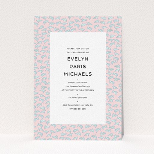 A christening invitation design named "Tiny, tiny Turtles". It is an A6 invite in a portrait orientation. "Tiny, tiny Turtles" is available as a flat invite, with tones of blue and pink.