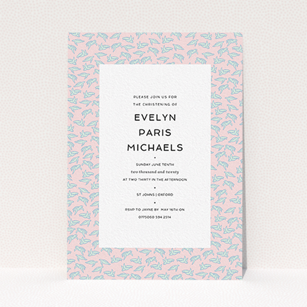 A christening invitation design named "Tiny, tiny Turtles". It is an A6 invite in a portrait orientation. "Tiny, tiny Turtles" is available as a flat invite, with tones of blue and pink.
