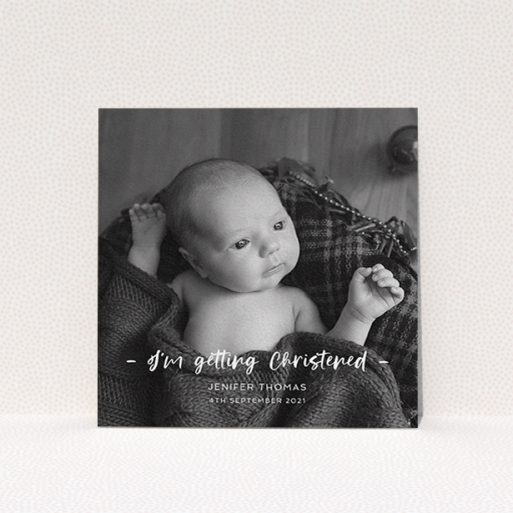 A christening invitation named "To the Point". It is a square (148mm x 148mm) invite in a square orientation. It is a photographic christening invitation with room for 1 photo. "To the Point" is available as a flat invite, with mainly white colouring.
