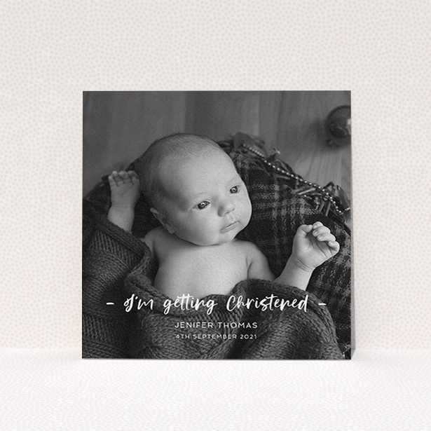 A christening invitation named "To the Point". It is a square (148mm x 148mm) invite in a square orientation. It is a photographic christening invitation with room for 1 photo. "To the Point" is available as a flat invite, with mainly white colouring.