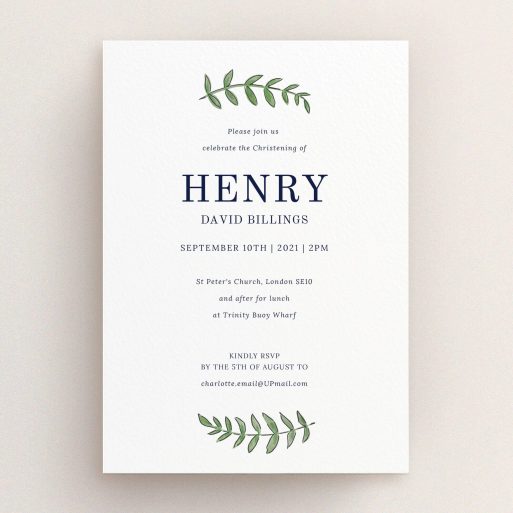 Christening Invitation Design - "Top and Bottom" A christening invitation named "Top and Bottom". It is an A5 invite in a portrait orientation. "Top and Bottom" is available as a flat invite, with tones of white and green.