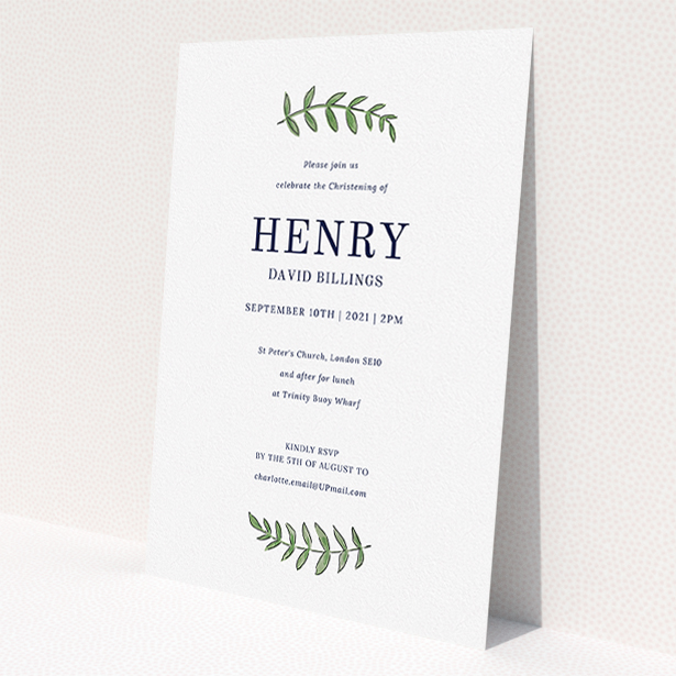 A christening invitation named 'Top and Bottom'. It is an A5 invite in a portrait orientation. 'Top and Bottom' is available as a flat invite, with tones of white and green.