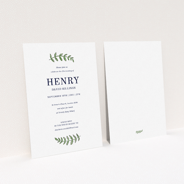 A christening invitation named "Top and Bottom". It is an A5 invite in a portrait orientation. "Top and Bottom" is available as a flat invite, with tones of white and green.