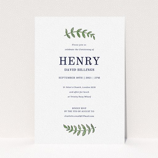 A christening invitation named "Top and Bottom". It is an A6 invite in a portrait orientation. "Top and Bottom" is available as a flat invite, with tones of white and green.