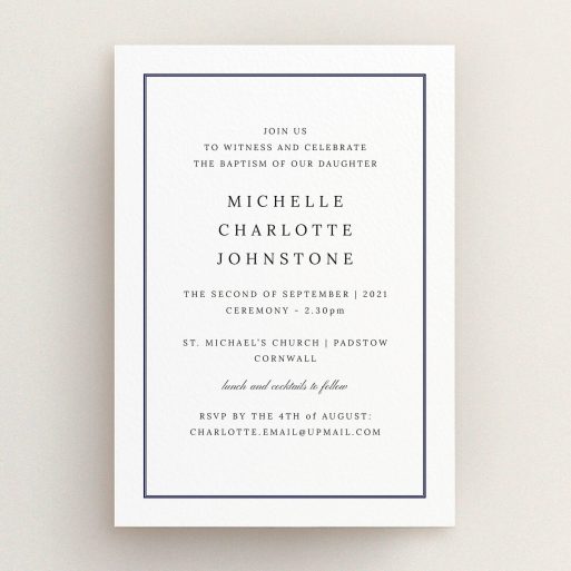 Christening Invitation Design - "Tradition" A christening invitation template titled "Tradition". It is an A5 invite in a portrait orientation. "Tradition" is available as a flat invite, with tones of white and blue.
