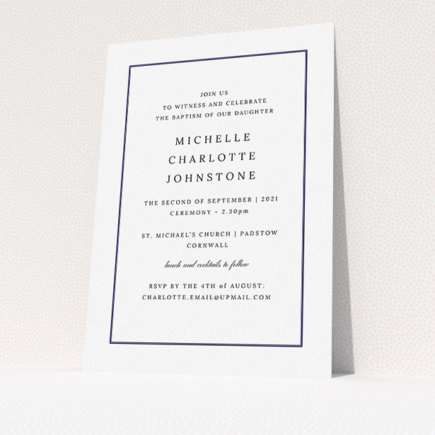 A christening invitation template titled "Tradition". It is an A5 invite in a portrait orientation. "Tradition" is available as a flat invite, with tones of white and blue.