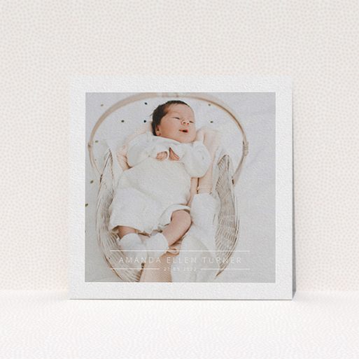 A christening invitation design titled "Tramlines". It is a square (148mm x 148mm) invite in a square orientation. It is a photographic christening invitation with room for 1 photo. "Tramlines" is available as a flat invite, with mainly white colouring.