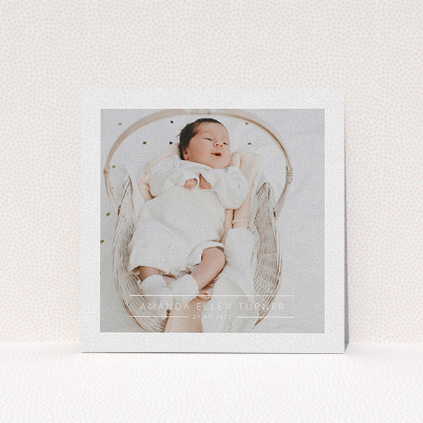 A christening invitation design titled "Tramlines". It is a square (148mm x 148mm) invite in a square orientation. It is a photographic christening invitation with room for 1 photo. "Tramlines" is available as a flat invite, with mainly white colouring.