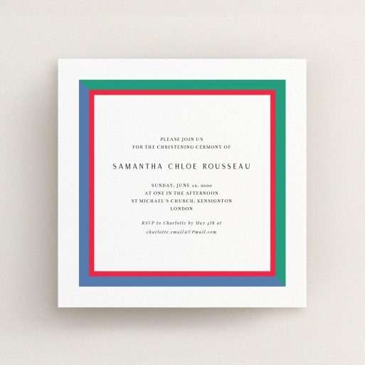 Christening Invitation Design - "Turl Street" A christening invitation design titled "Turl Street". It is a square (148mm x 148mm) invite in a square orientation. "Turl Street" is available as a flat invite, with mainly green colouring.