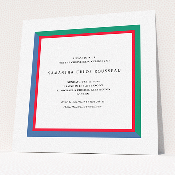 A christening invitation design titled "Turl Street". It is a square (148mm x 148mm) invite in a square orientation. "Turl Street" is available as a flat invite, with mainly green colouring.