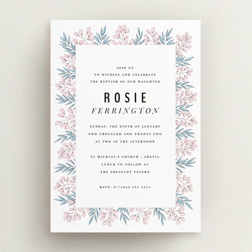 Christening Invitation Design - "Tussled Blossom" A christening invitation template titled "Tussled Blossom". It is an A5 invite in a portrait orientation. "Tussled Blossom" is available as a flat invite, with tones of blue and pink.