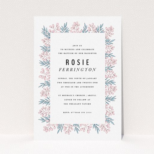 A christening invitation template titled "Tussled Blossom". It is an A5 invite in a portrait orientation. "Tussled Blossom" is available as a flat invite, with tones of blue and pink.