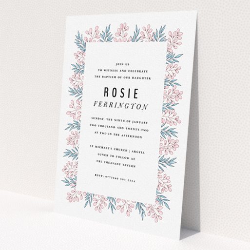 A christening invitation template titled 'Tussled Blossom'. It is an A5 invite in a portrait orientation. 'Tussled Blossom' is available as a flat invite, with tones of blue and pink.