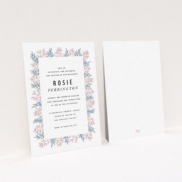 A christening invitation template titled "Tussled Blossom". It is an A5 invite in a portrait orientation. "Tussled Blossom" is available as a flat invite, with tones of blue and pink.