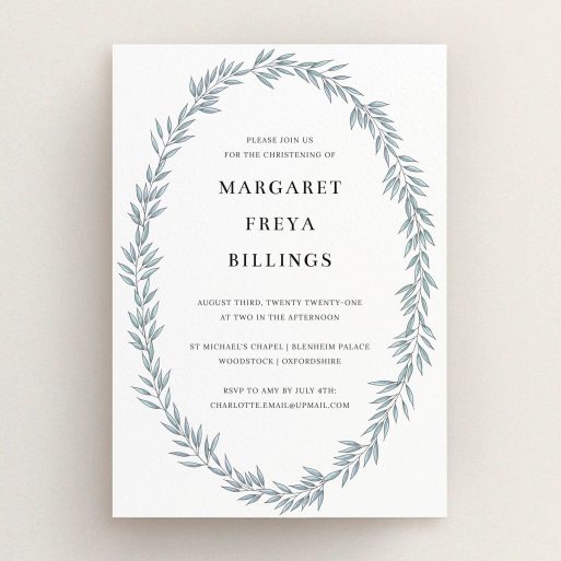 Christening Invitation Design - "Tussled Wreath" A christening invitation design titled "Tussled Wreath". It is an A5 invite in a portrait orientation. "Tussled Wreath" is available as a flat invite, with tones of blue and white.