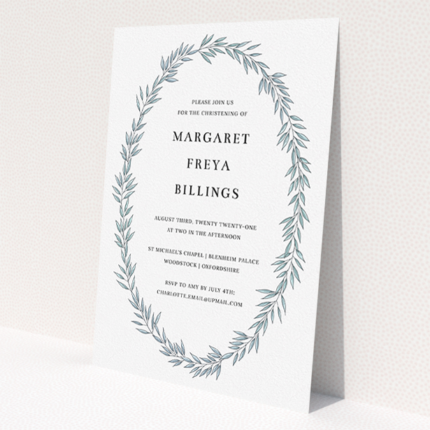 A christening invitation design titled 'Tussled Wreath'. It is an A5 invite in a portrait orientation. 'Tussled Wreath' is available as a flat invite, with tones of blue and white.