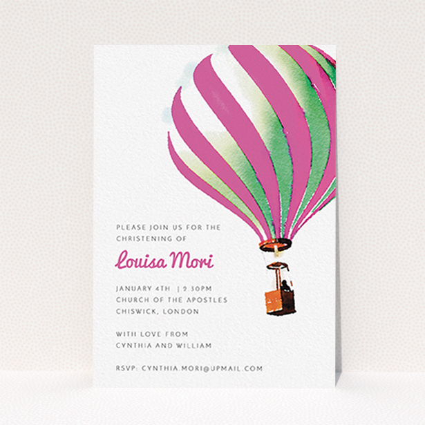 A christening invitation called "Up-and-away pink". It is an A6 invite in a portrait orientation. "Up-and-away pink" is available as a flat invite, with tones of pink and white.