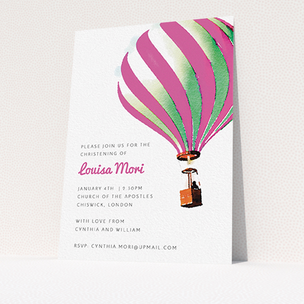 A christening invitation called "Up-and-away pink". It is an A6 invite in a portrait orientation. "Up-and-away pink" is available as a flat invite, with tones of pink and white.
